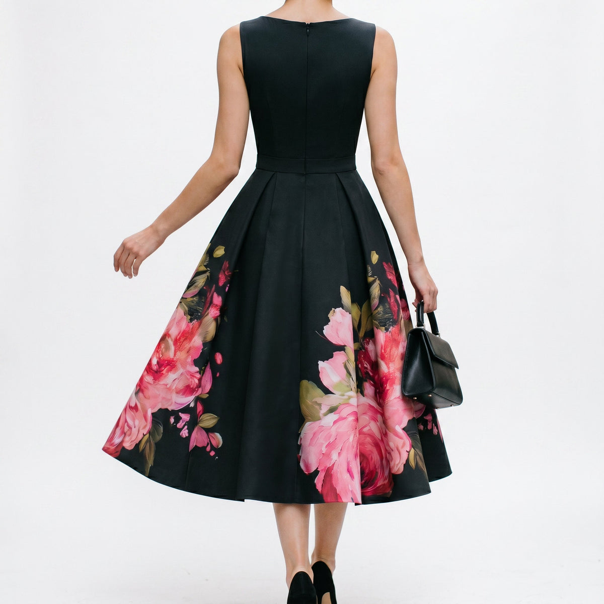 Eira | Vestido Midi Cocktail Preto Estampa Floral Sem Mangas