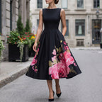 Eira | Vestido Midi Cocktail Preto Estampa Floral Sem Mangas