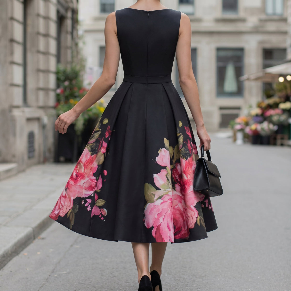 Eira | Vestido Midi Cocktail Preto Estampa Floral Sem Mangas