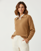 Faline | Camisola Feminina Malha Macia Decote V Col Camisa Botões Dourados