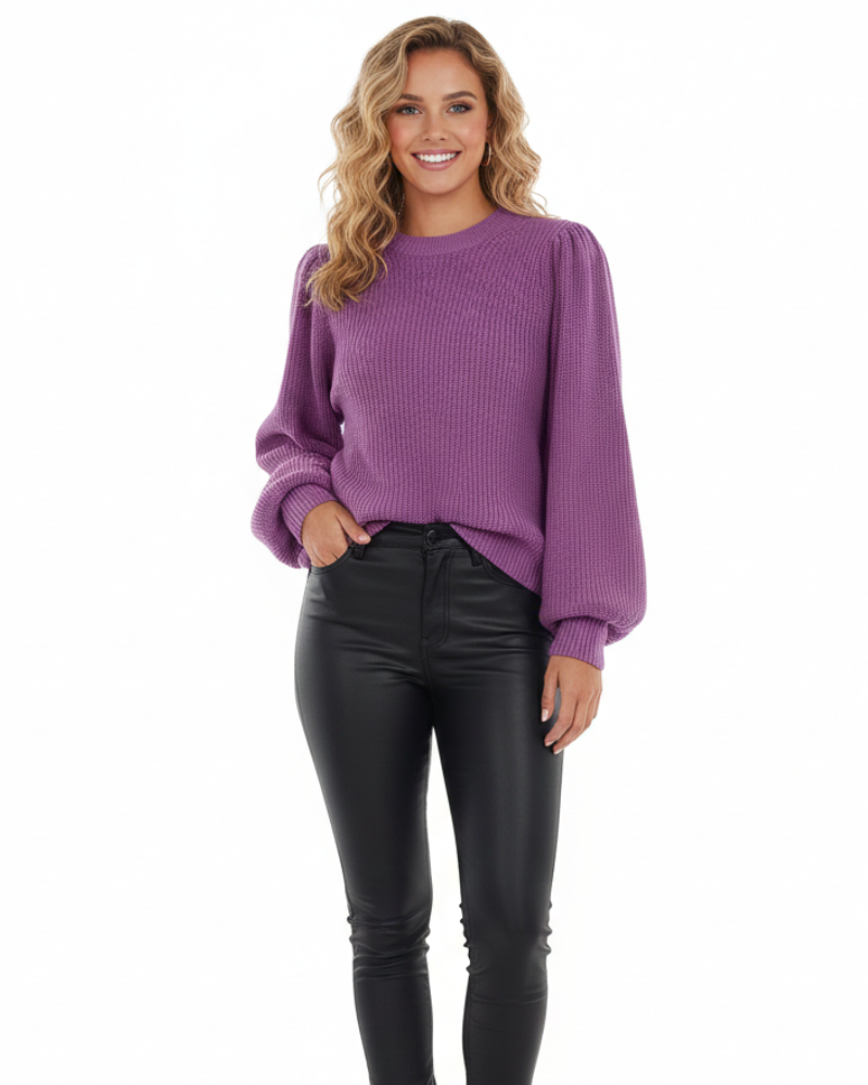 Freya | Mulher Camisola Malha Canelada Mangas Bufantes Gola Redonda