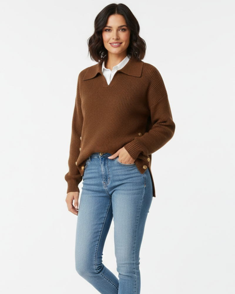 Faline | Camisola Feminina Malha Macia Decote V Col Camisa Botões Dourados