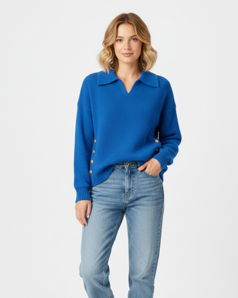 Faline | Camisola Feminina Malha Macia Decote V Col Camisa Botões Dourados