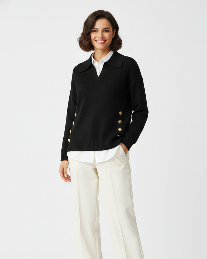 Faline | Camisola Feminina Malha Macia Decote V Col Camisa Botões Dourados