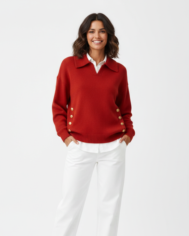 Faline | Camisola Feminina Malha Macia Decote V Col Camisa Botões Dourados