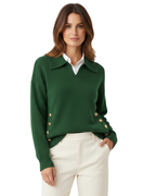 Faline | Camisola Feminina Malha Macia Decote V Col Camisa Botões Dourados