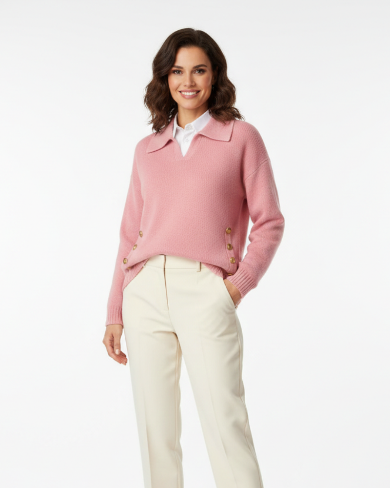 Faline | Camisola Feminina Malha Macia Decote V Col Camisa Botões Dourados