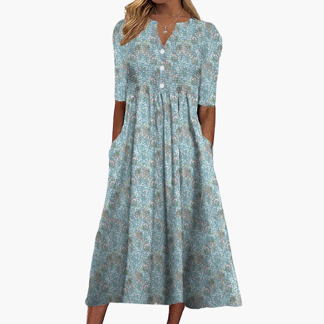 Neela | Vestido Midi Floral Decote V Bolsos Laterais