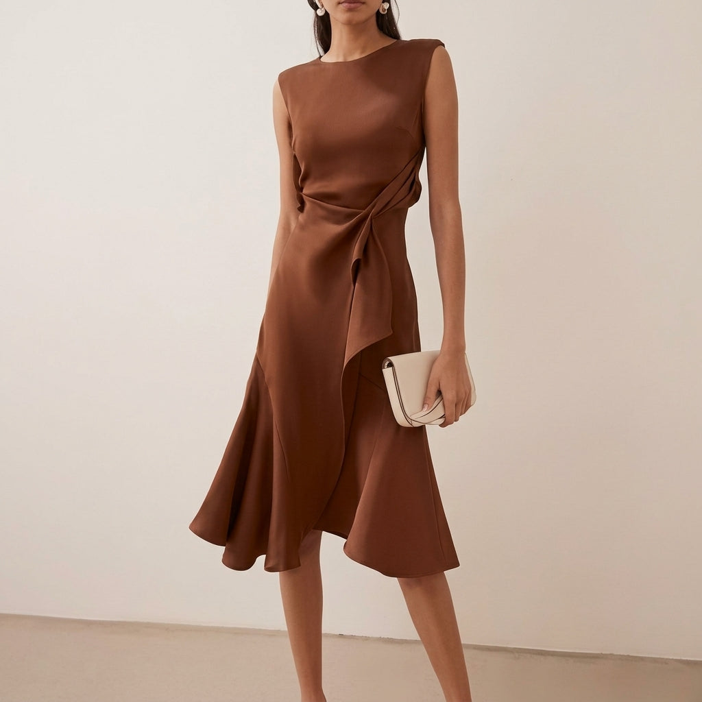 Dione | Vestido Midi Feminino Drapeado Assimétrico