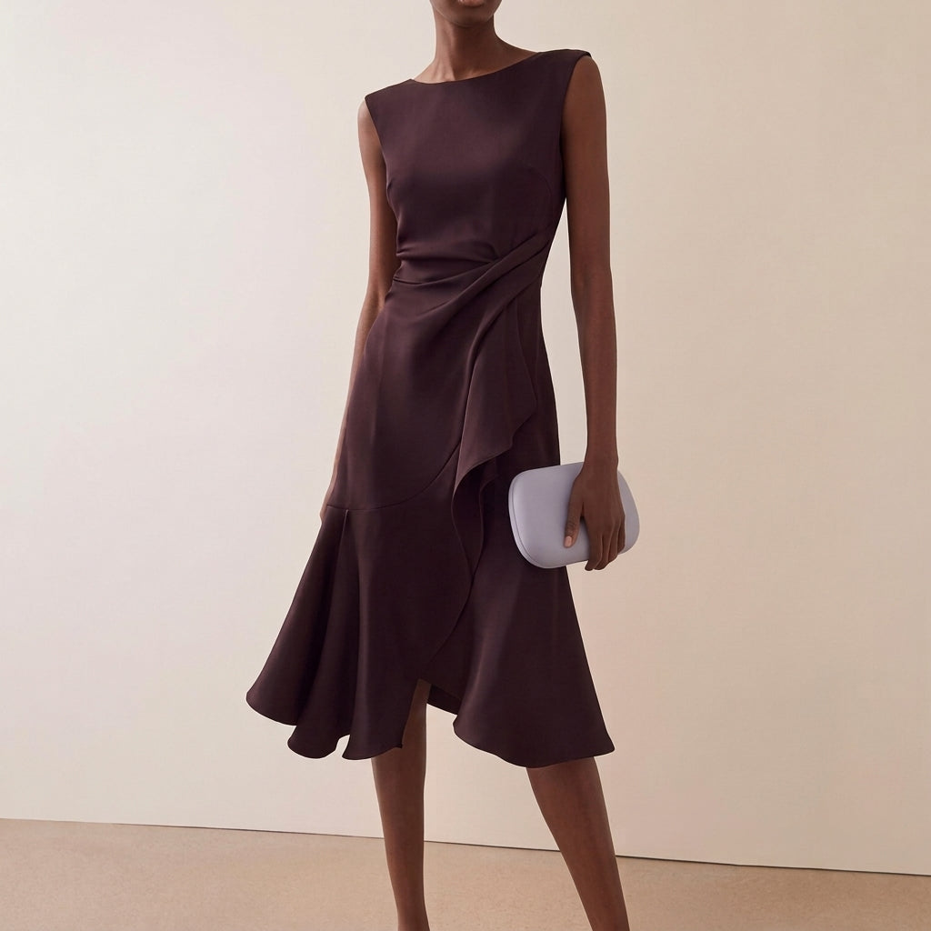 Dione | Vestido Midi Feminino Drapeado Assimétrico