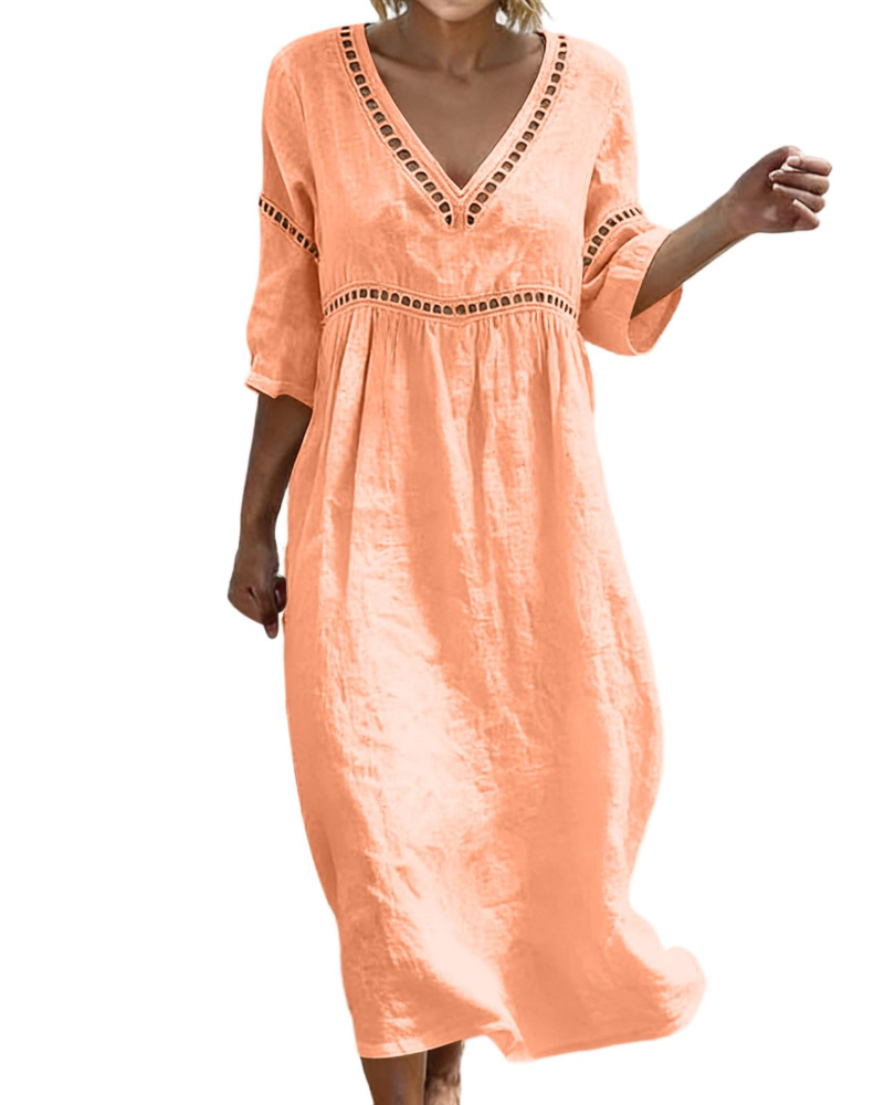 Vestido Longo Mulher | Algodão Linho, Decote V, Mangas 3/4 Bohemio