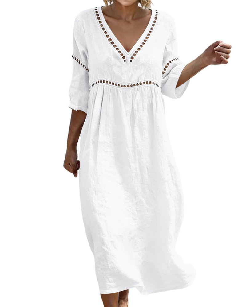 Vestido Longo Mulher | Algodão Linho, Decote V, Mangas 3/4 Bohemio