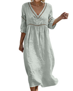 Vestido Longo Mulher | Algodão Linho, Decote V, Mangas 3/4 Bohemio