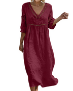 Vestido Longo Mulher | Algodão Linho, Decote V, Mangas 3/4 Bohemio