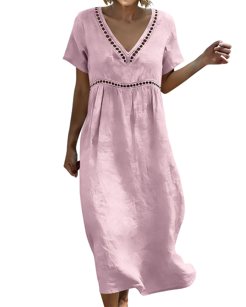 Vestido Longo Mulher | Algodão Linho, Decote V, Mangas 3/4 Bohemio