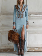 Tindra | Mulher Vestido Maxi Manga Longa com Franjas