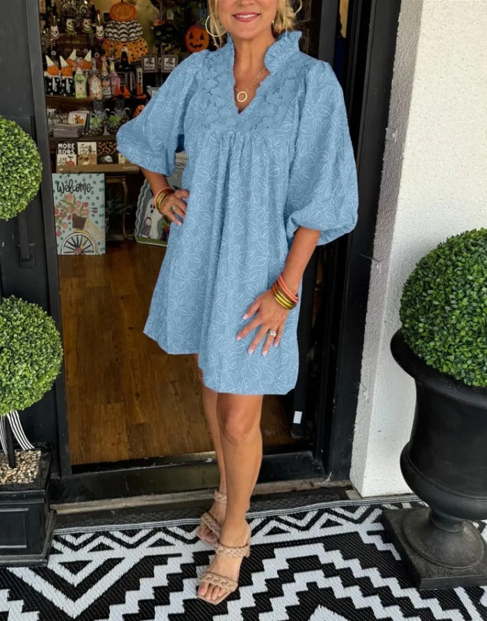 Vestido Feminino de Cetim Mangas Balão Decote V