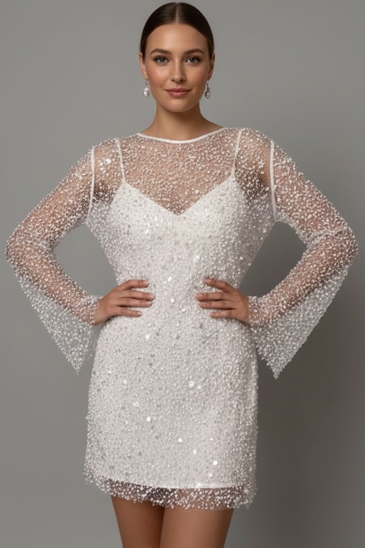 Vianne | Vestido Mini Feminino Malha Sobreposição Mangas Compridas
