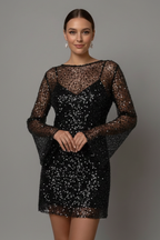 Vianne | Vestido Mini Feminino Malha Sobreposição Mangas Compridas