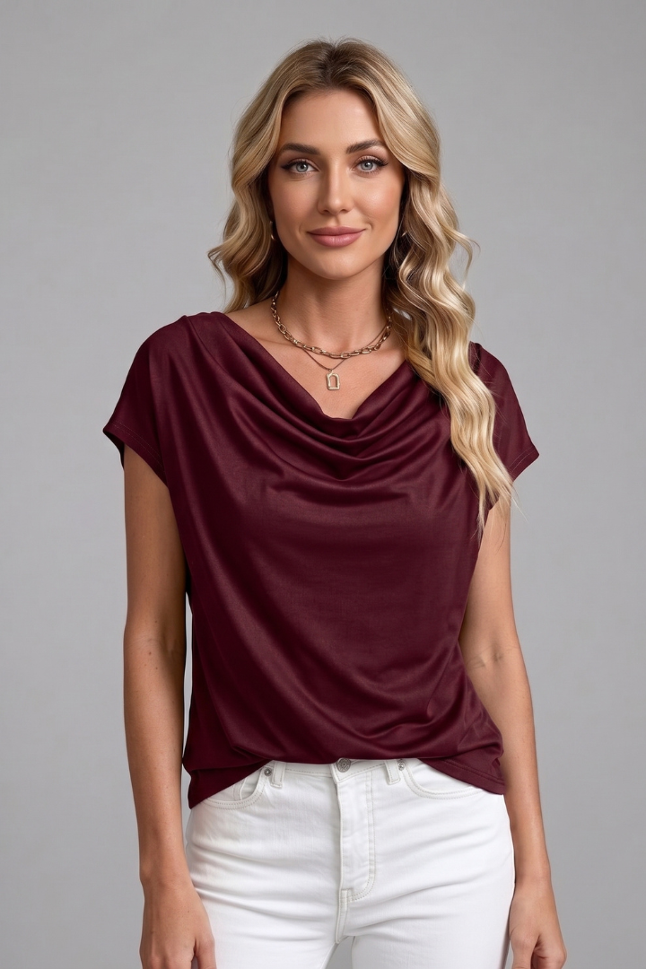 Clea | Blusa Feminina Gola Cowl Drapeada Manga Curta