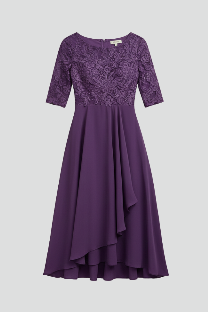 Vestido midi feminino gola redonda manga curta com padrão discreto