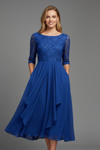 Vestido midi feminino gola redonda manga curta com padrão discreto