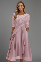 Vestido midi feminino gola redonda manga curta com padrão discreto