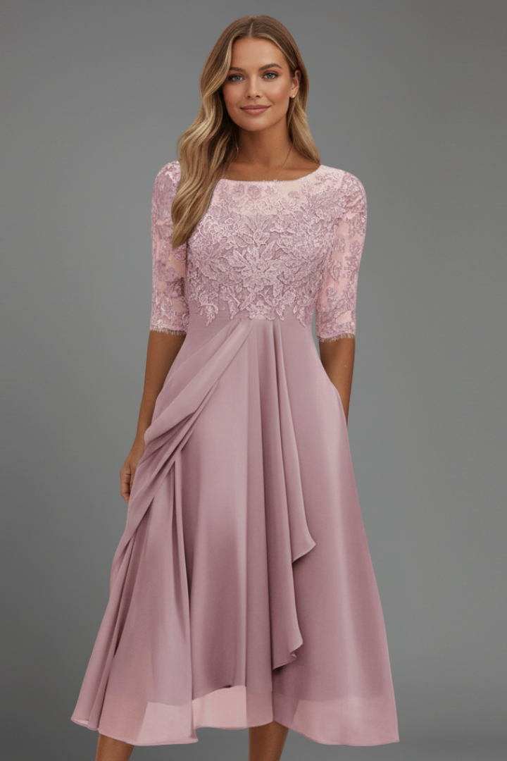 Vestido midi feminino gola redonda manga curta com padrão discreto