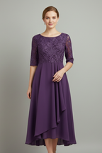 Vestido midi feminino gola redonda manga curta com padrão discreto