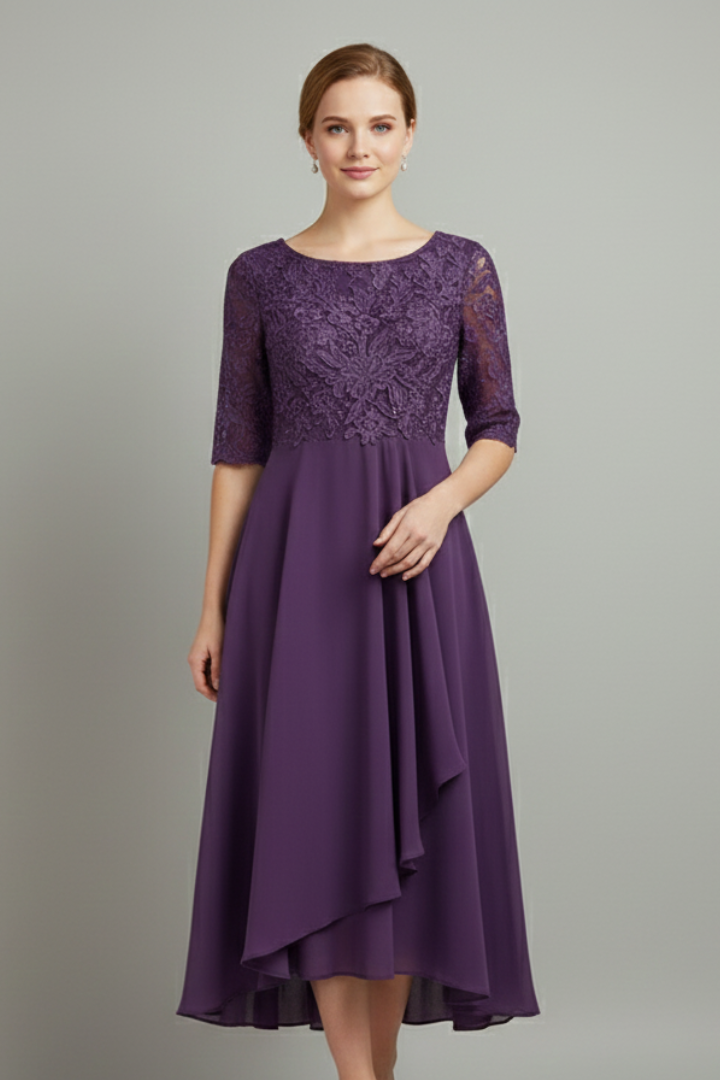 Vestido midi feminino gola redonda manga curta com padrão discreto