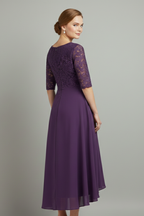 Vestido midi feminino gola redonda manga curta com padrão discreto