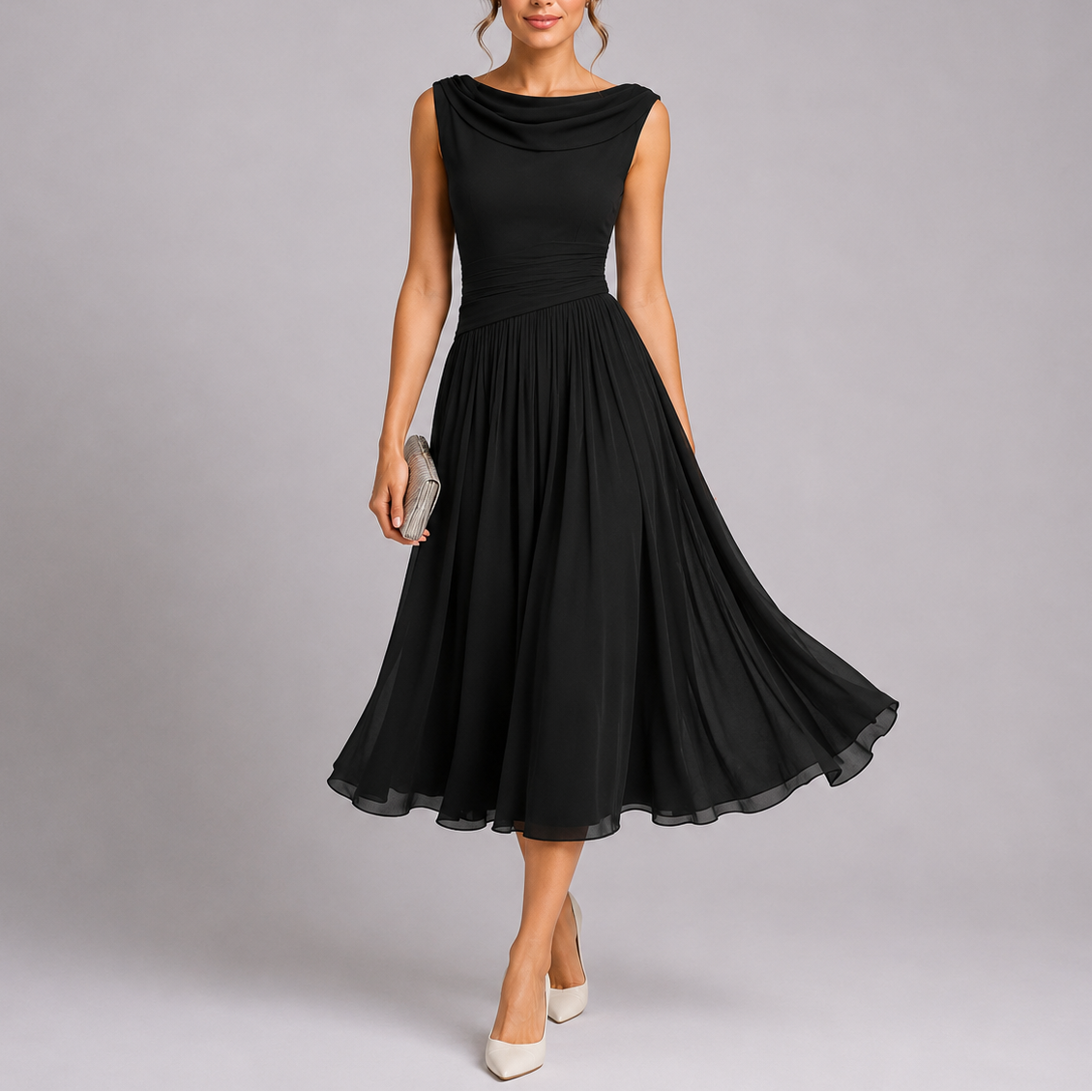 Quinn | Vestido Midi Plissado Feminino com Decote Drapeado