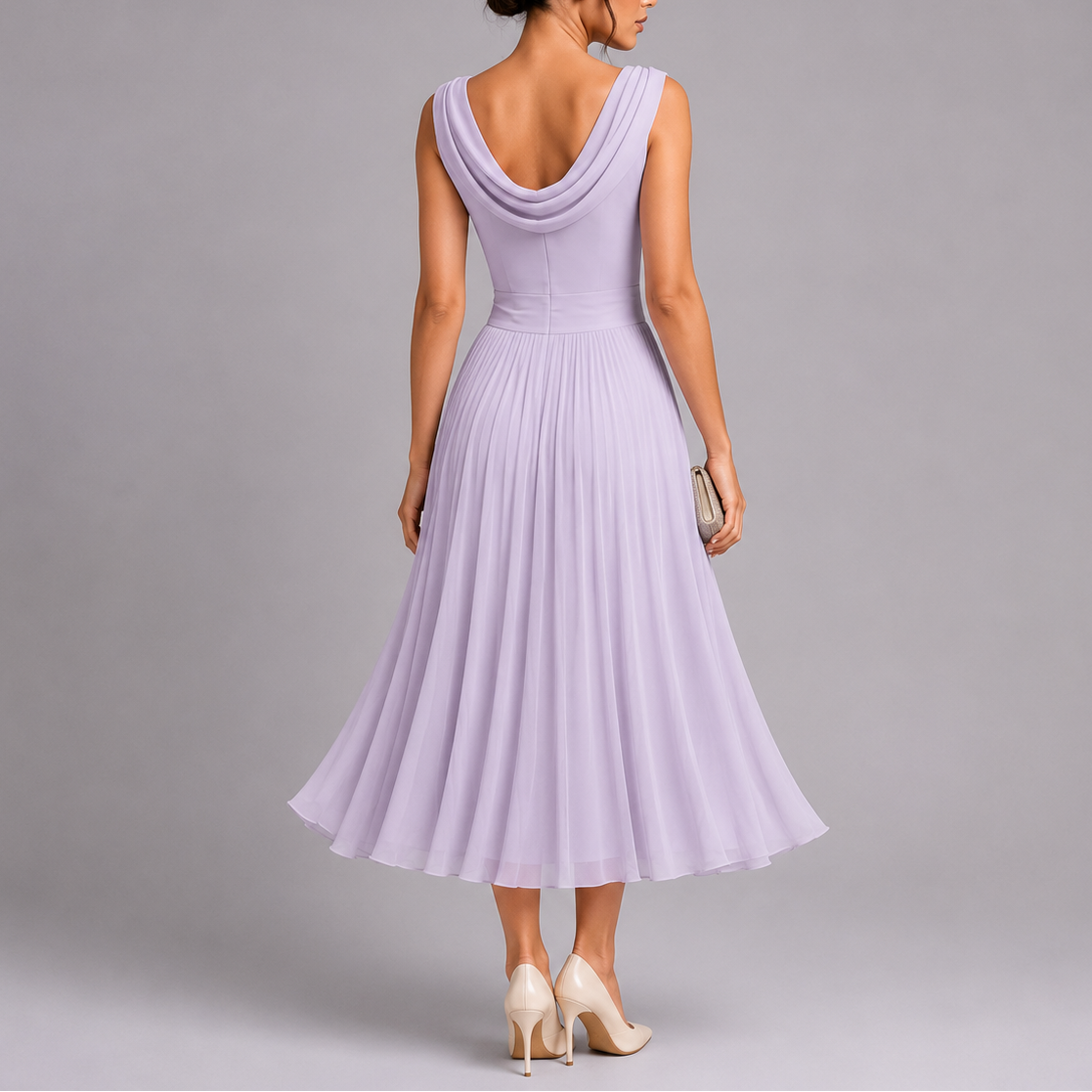 Quinn | Vestido Midi Plissado Feminino com Decote Drapeado
