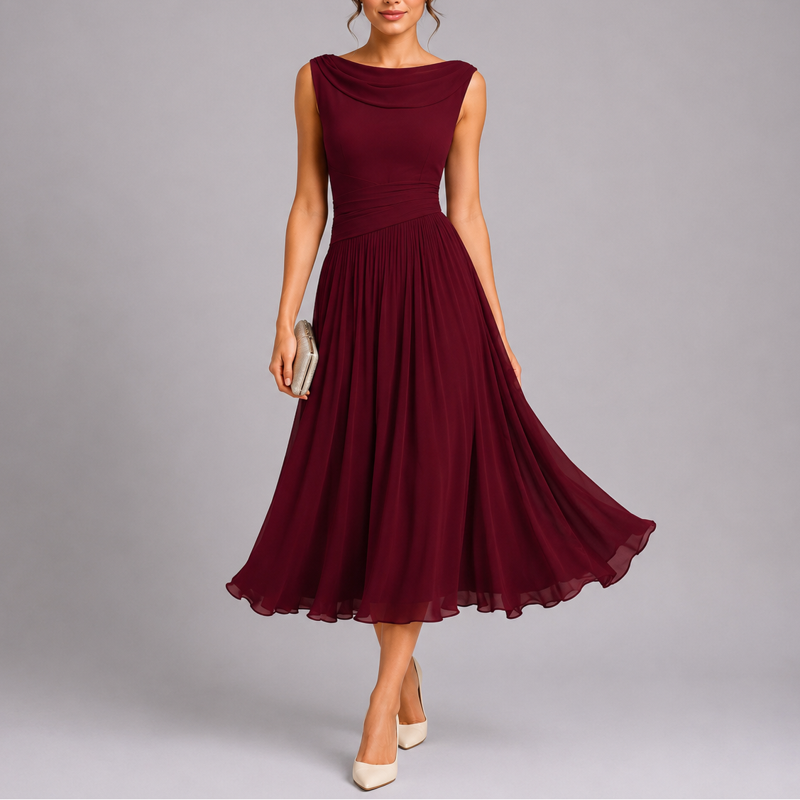 Quinn | Vestido Midi Plissado Feminino com Decote Drapeado