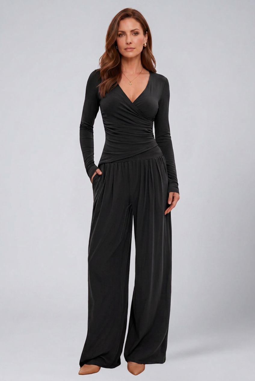 Luna | Conjunto Feminino 2 Peças Top Wrap Calça Wide Leg