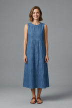 Vestido midi feminino gola redonda sem mangas com superfície texturizada e bolsos laterais