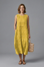 Vestido midi feminino gola redonda sem mangas com superfície texturizada e bolsos laterais