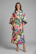 Vestido midi feminino gola redonda mangas largas com padrão abstrato