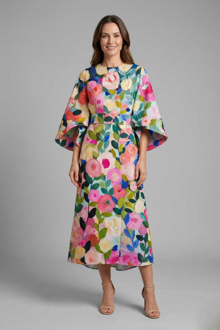 Vestido midi feminino gola redonda mangas largas com padrão abstrato
