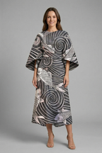 Vestido midi feminino gola redonda mangas largas com padrão abstrato