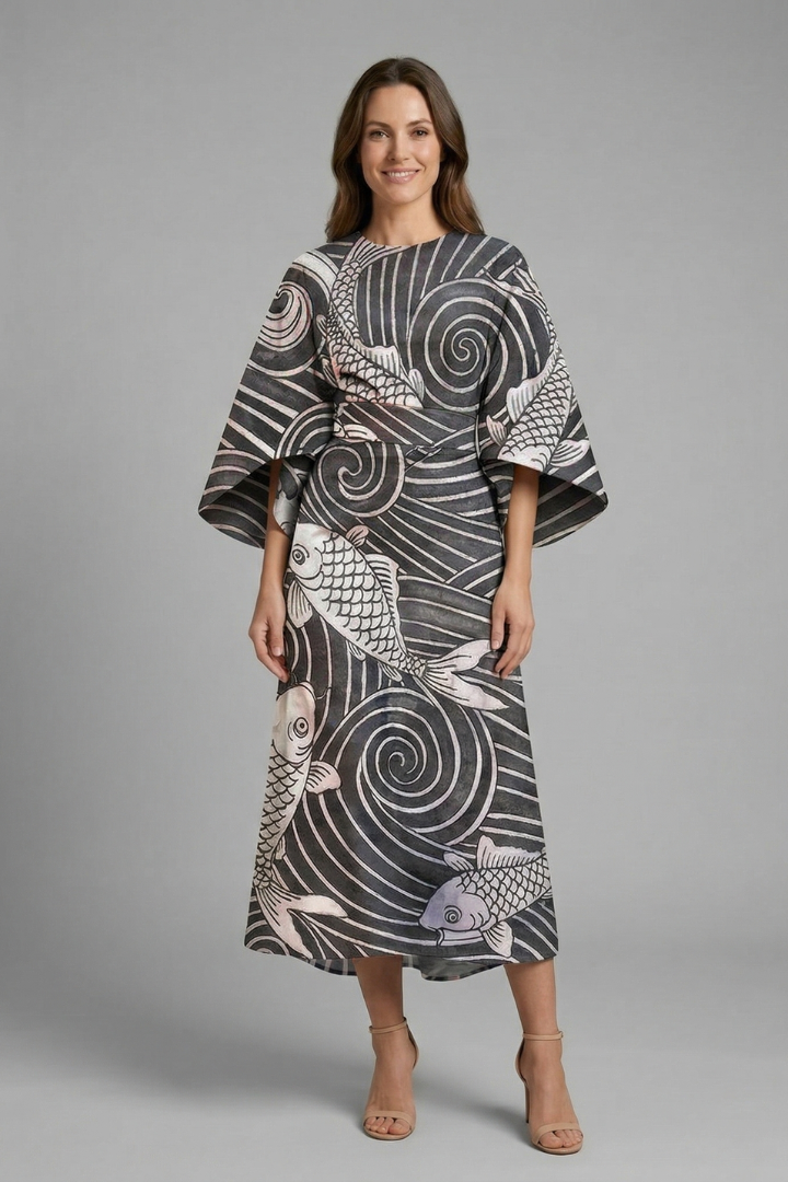 Vestido midi feminino gola redonda mangas largas com padrão abstrato