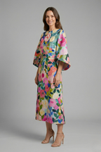 Vestido midi feminino gola redonda mangas largas com padrão abstrato