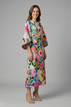 Vestido midi feminino gola redonda mangas largas com padrão abstrato