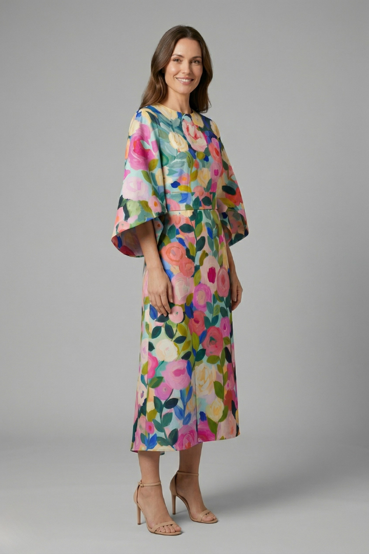 Vestido midi feminino gola redonda mangas largas com padrão abstrato
