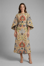 Vestido midi feminino gola redonda mangas largas com padrão abstrato