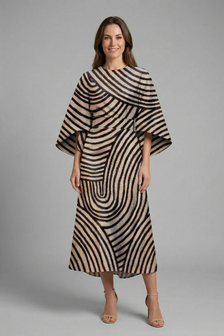 Vestido midi feminino gola redonda mangas largas com padrão abstrato