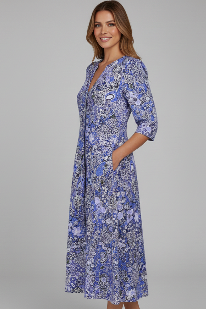 Calla | Vestido Midi Feminino Decote V Manga Três Quartos Estampado