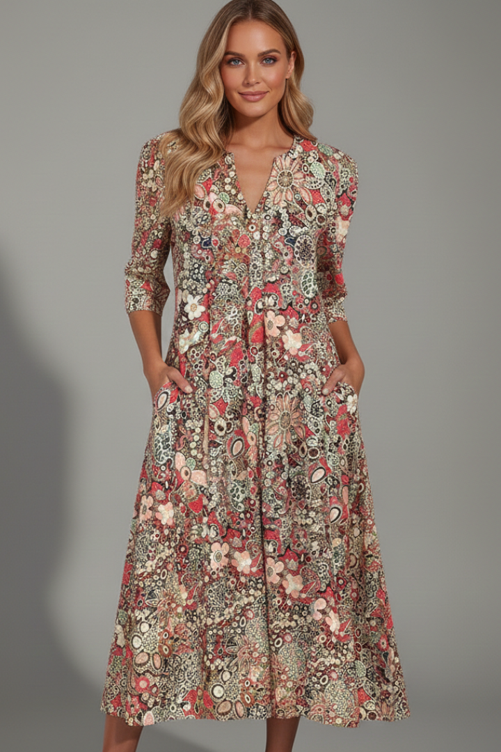 Calla | Vestido Midi Feminino Decote V Manga Três Quartos Estampado
