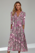 Calla | Vestido Midi Feminino Decote V Manga Três Quartos Estampado