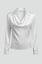 Clea | Mulher Blusa Cetim Colarinho Drapeado Manga Comprida
